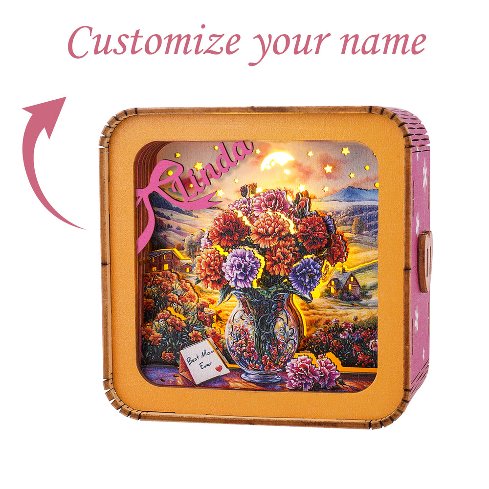 Personalized 3D wooden puzzle night light with floral vase design and customizable name feature.