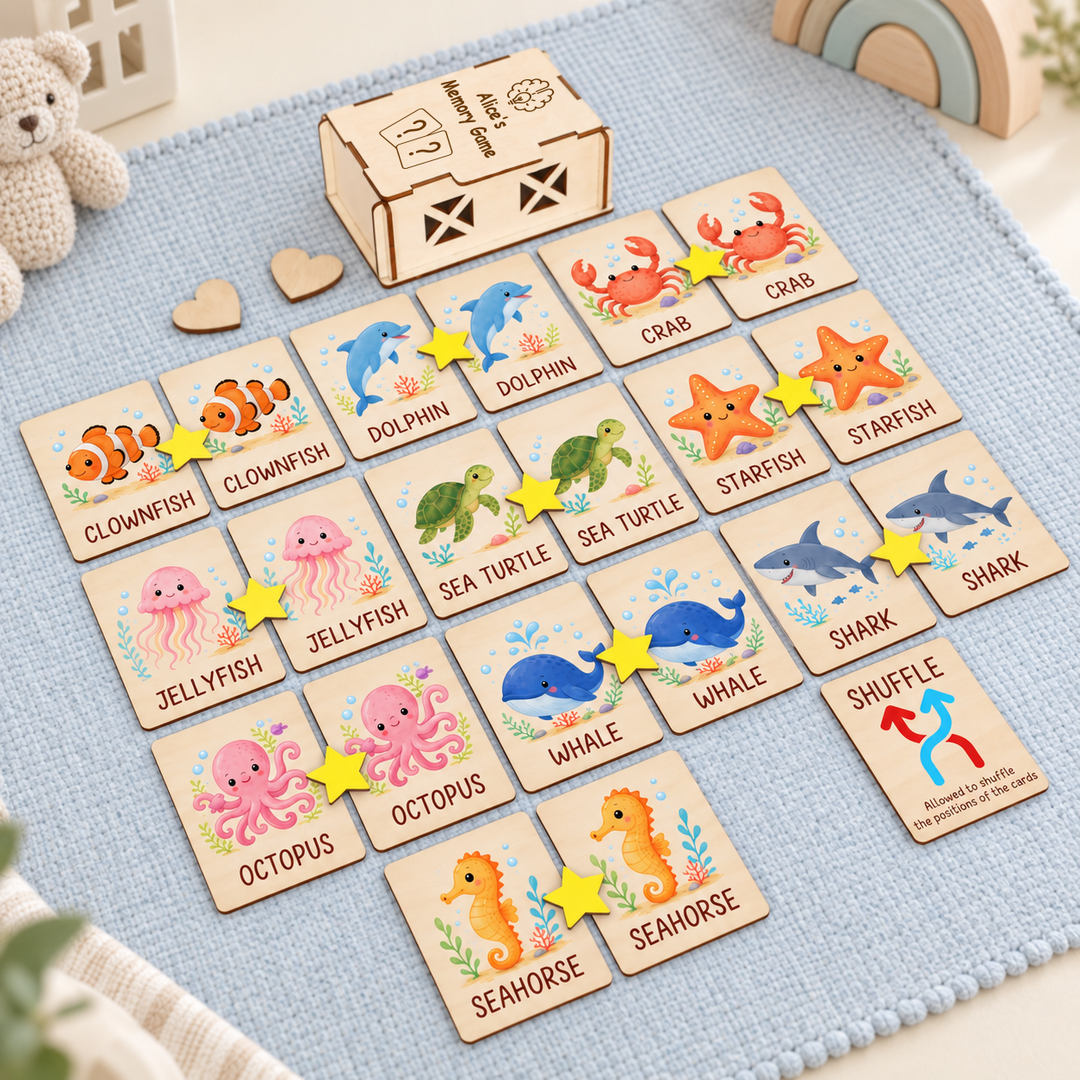 Personalized Wooden Ocean Animal Memory Matching Game for Kids Woodemon