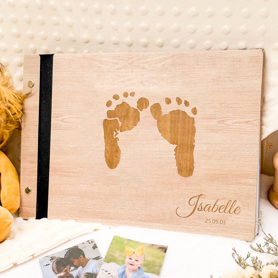 Personalized Baby Photo Album with Name & Birth Date – Wooden Footprint Design
