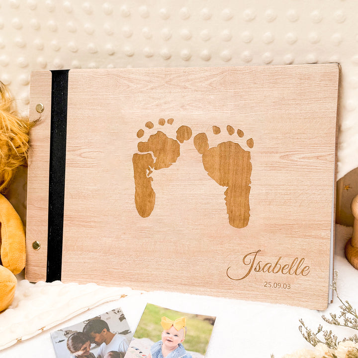 Personalized Baby Photo Album with Name & Birth Date – Wooden Footprint Design