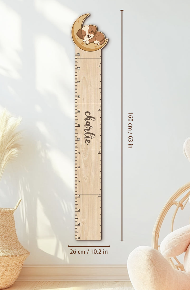 Personalized Wooden Sleeping Puppy Moon Height Growth Chart for Kids