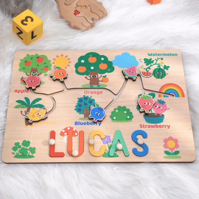 Personalized Montessori Fruit Sliding Name Puzzle Woodemon