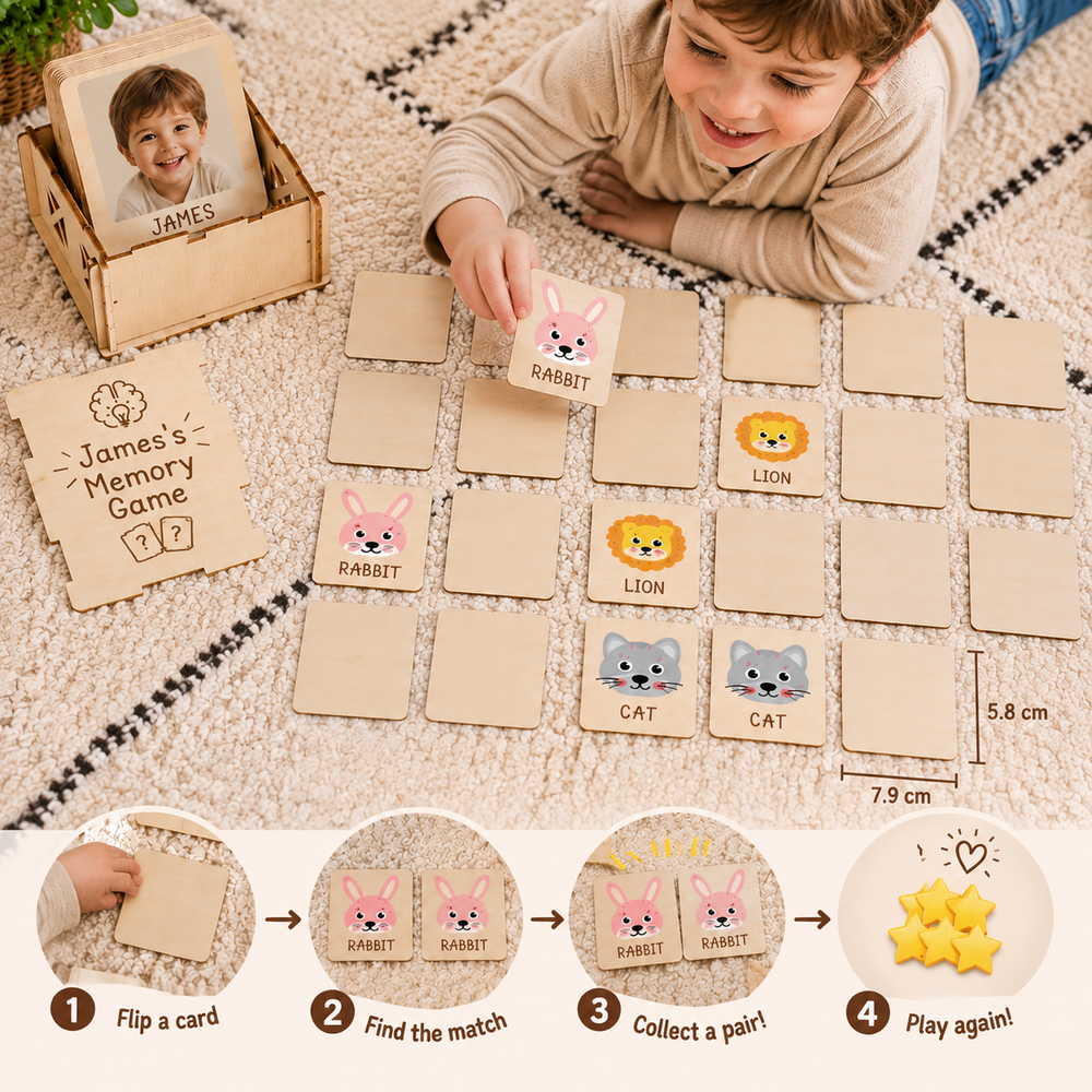 Personalized Wooden Animal Memory Matching Game for Kids Woodemon