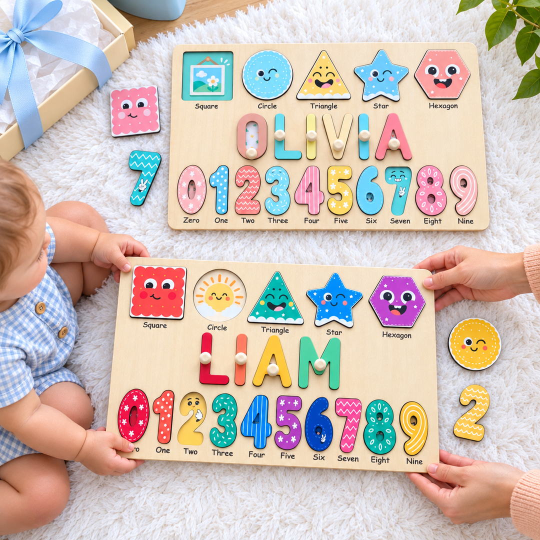 Personalized Wooden Name Puzzle with Numbers & Shapes woodemon