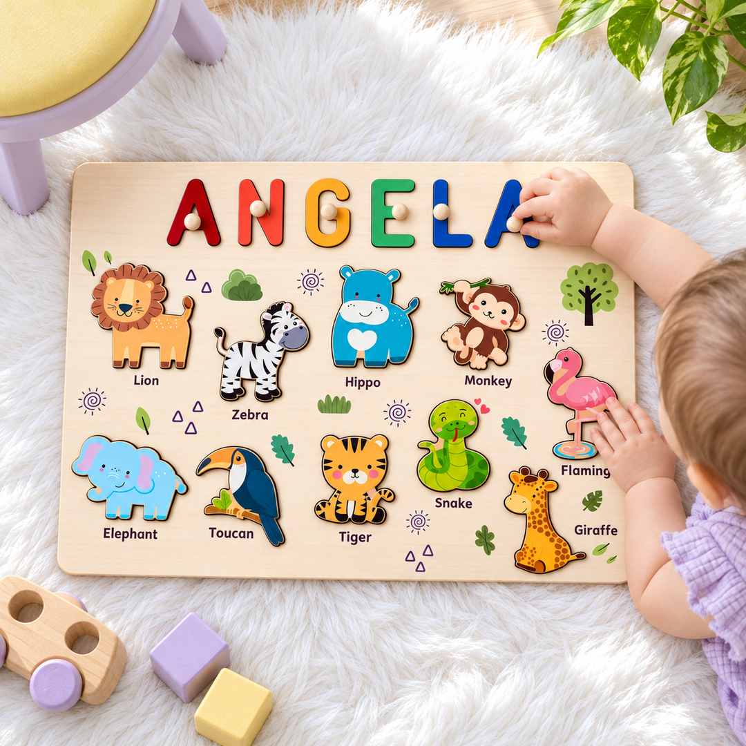 Personalized Wooden Name Puzzle - Safari Animal Learning Toy for Toddlers woodemon