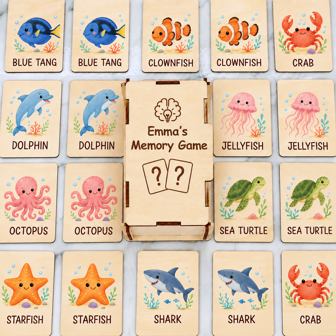 Personalized Wooden Ocean Animal Memory Matching Game for Kids Woodemon