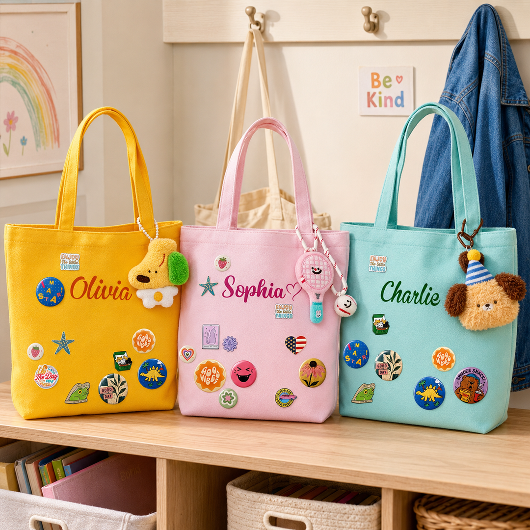 Personalized Embroidered Name Canvas Tote Bag with Decorative Badges sokidsun