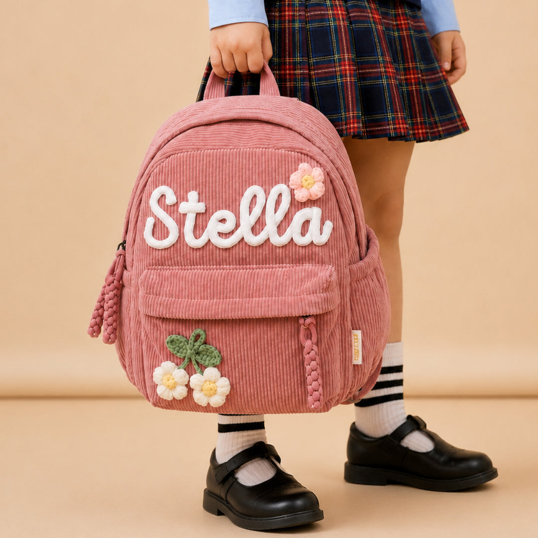 Personalized Kids Corduroy Back to School Backpack with Crochet Patches Woodemon