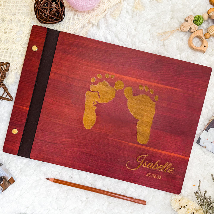 Personalized Baby Photo Album with Name & Birth Date – Wooden Footprint Design