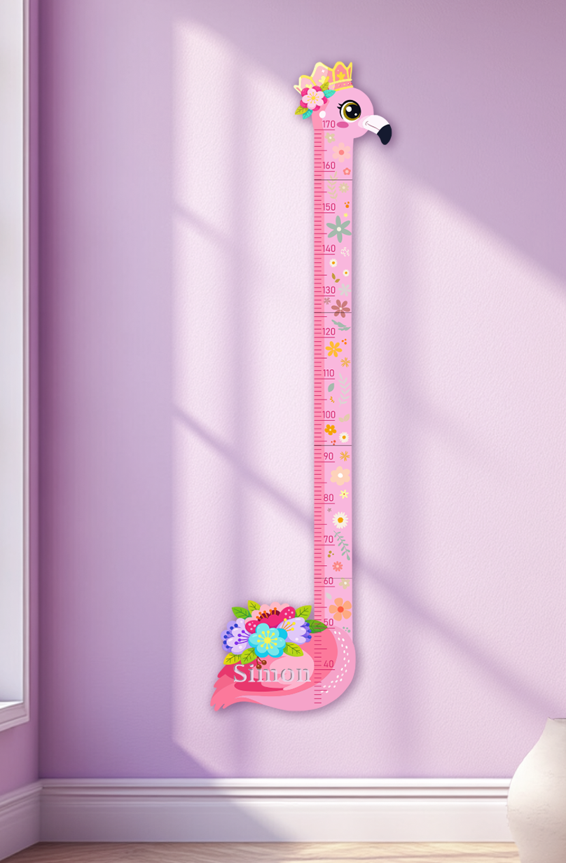 Personalized Pink Flower Flamingo Wooden Growth Chart for Kids