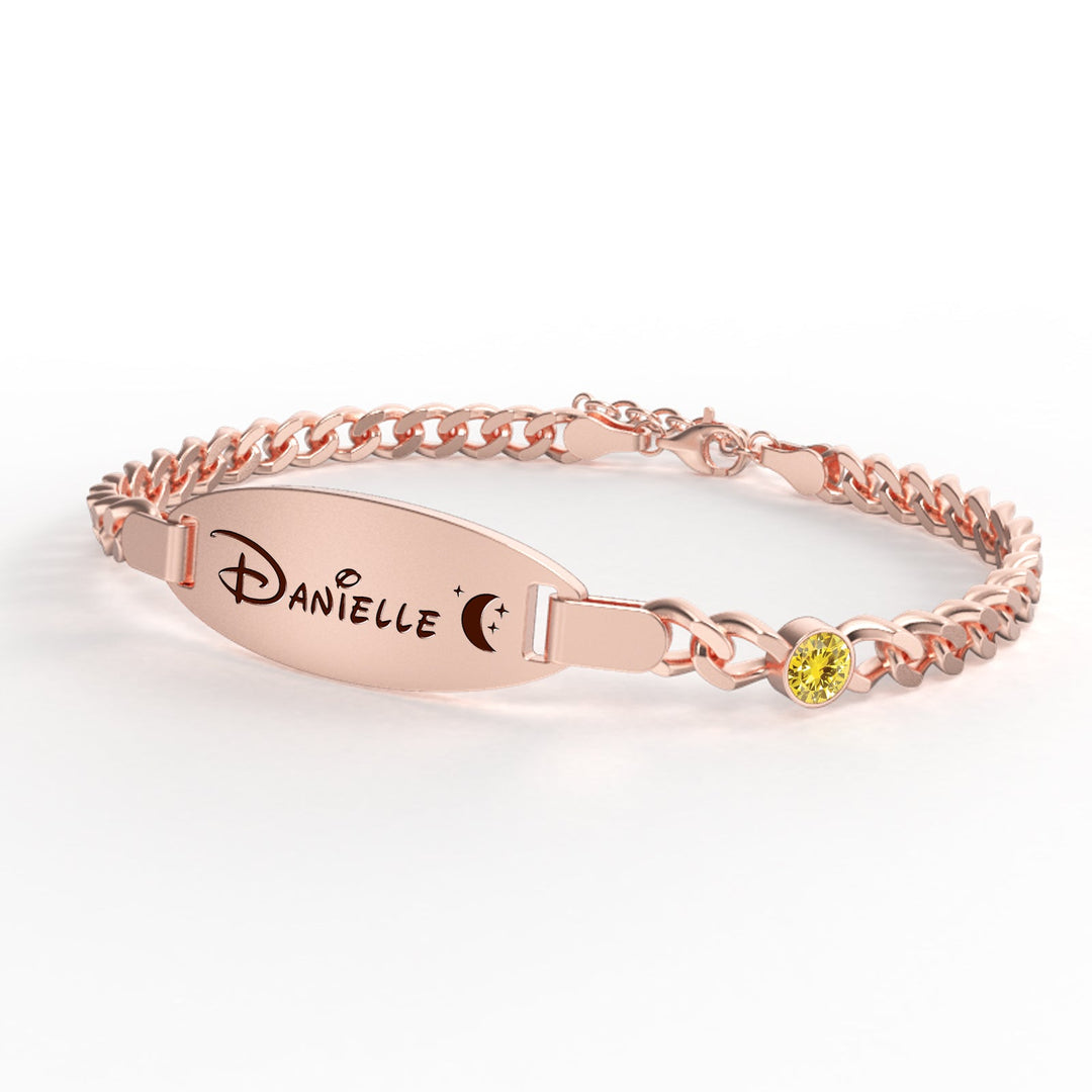 Rose Gold Oval Baby Name Bracelet with Birthstone