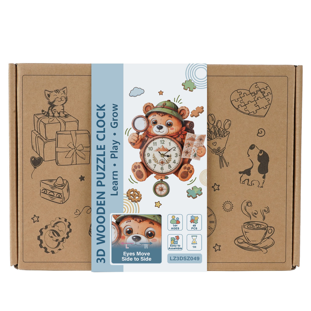 Bear Wooden Clock DIY 3D Puzzle for Kids Animal Learning Clock Woodemon