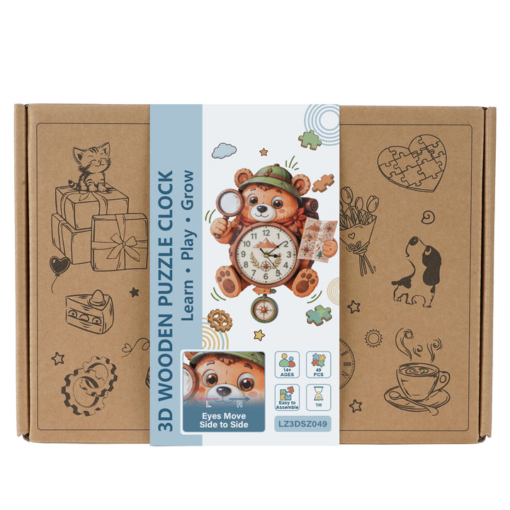 Bear Wooden Clock DIY 3D Puzzle for Kids Animal Learning Clock Woodemon