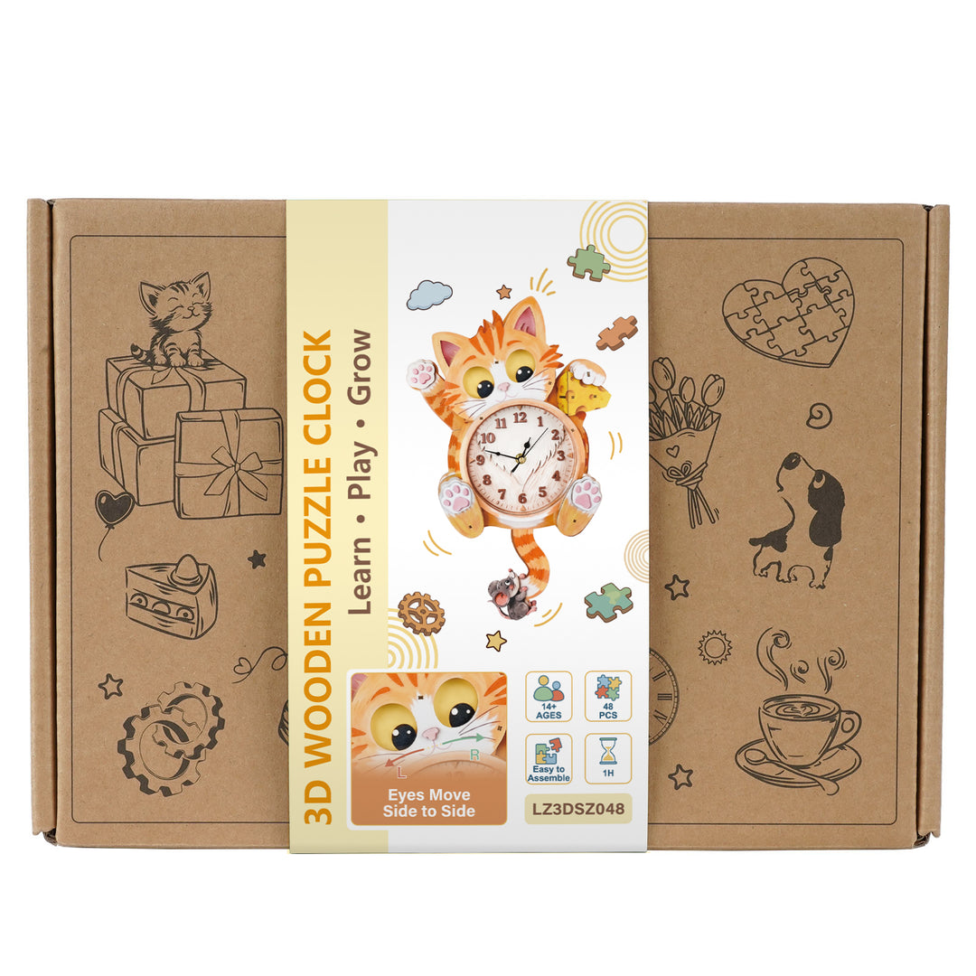 Cat Wooden Clock DIY 3D Puzzle for Kids Animal Learning Clock Woodemon