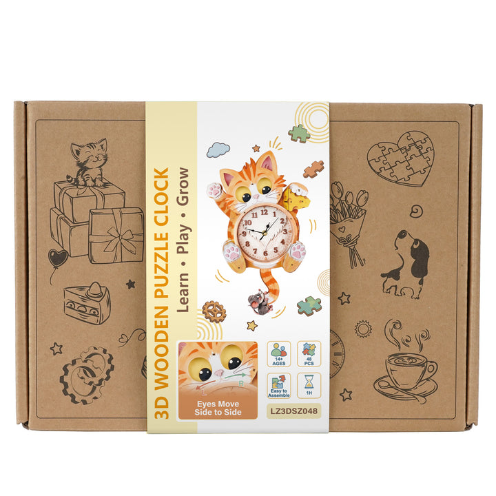 Cat Wooden Clock DIY 3D Puzzle for Kids Animal Learning Clock Woodemon