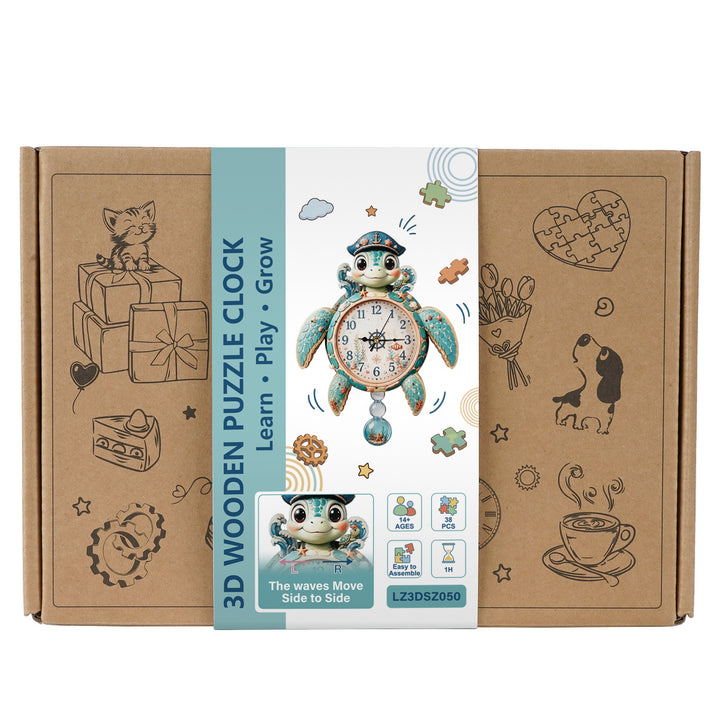 Turtle Wooden Clock DIY 3D Puzzle for Kids Animal Learning Clock Woodemon