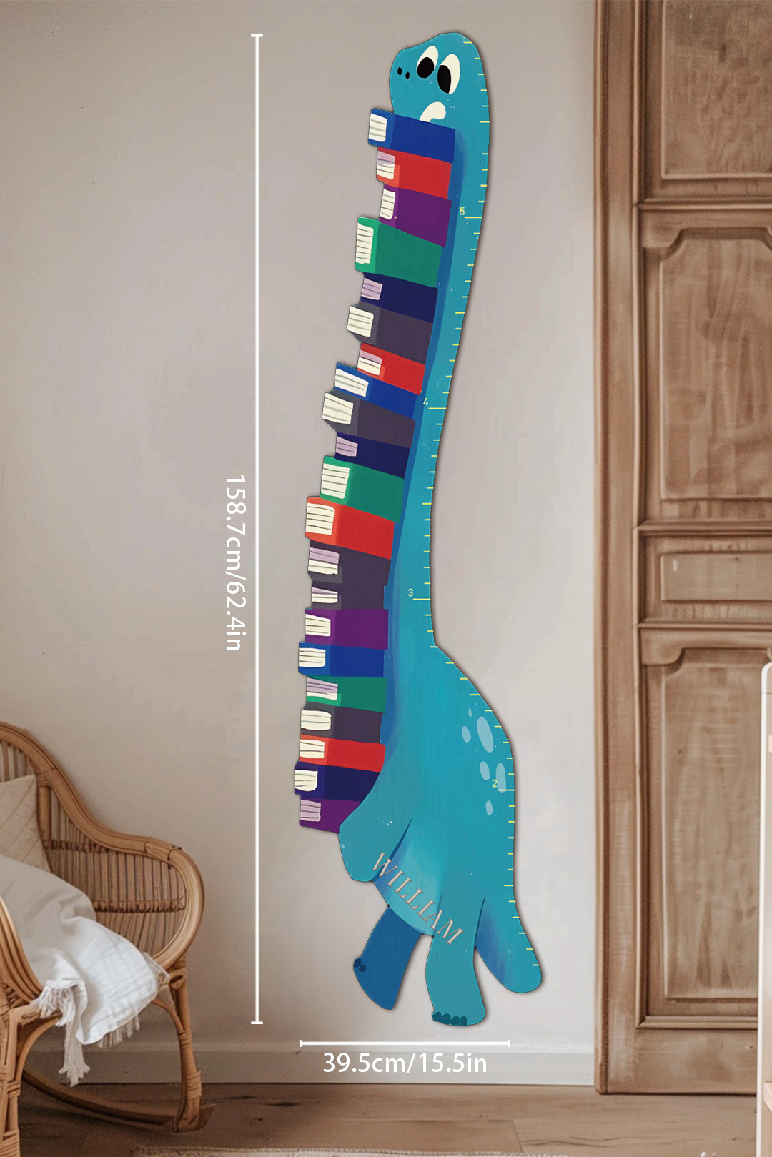 Personalized Wooden Book-Loving Dinosaur Growth Chart Ruler