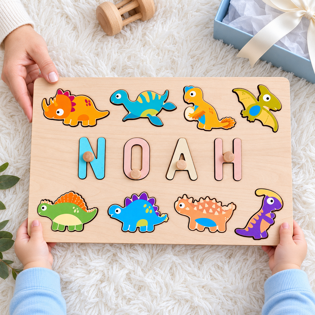 Personalized Wooden Baby Name Puzzle - Dinosaurs woodemon