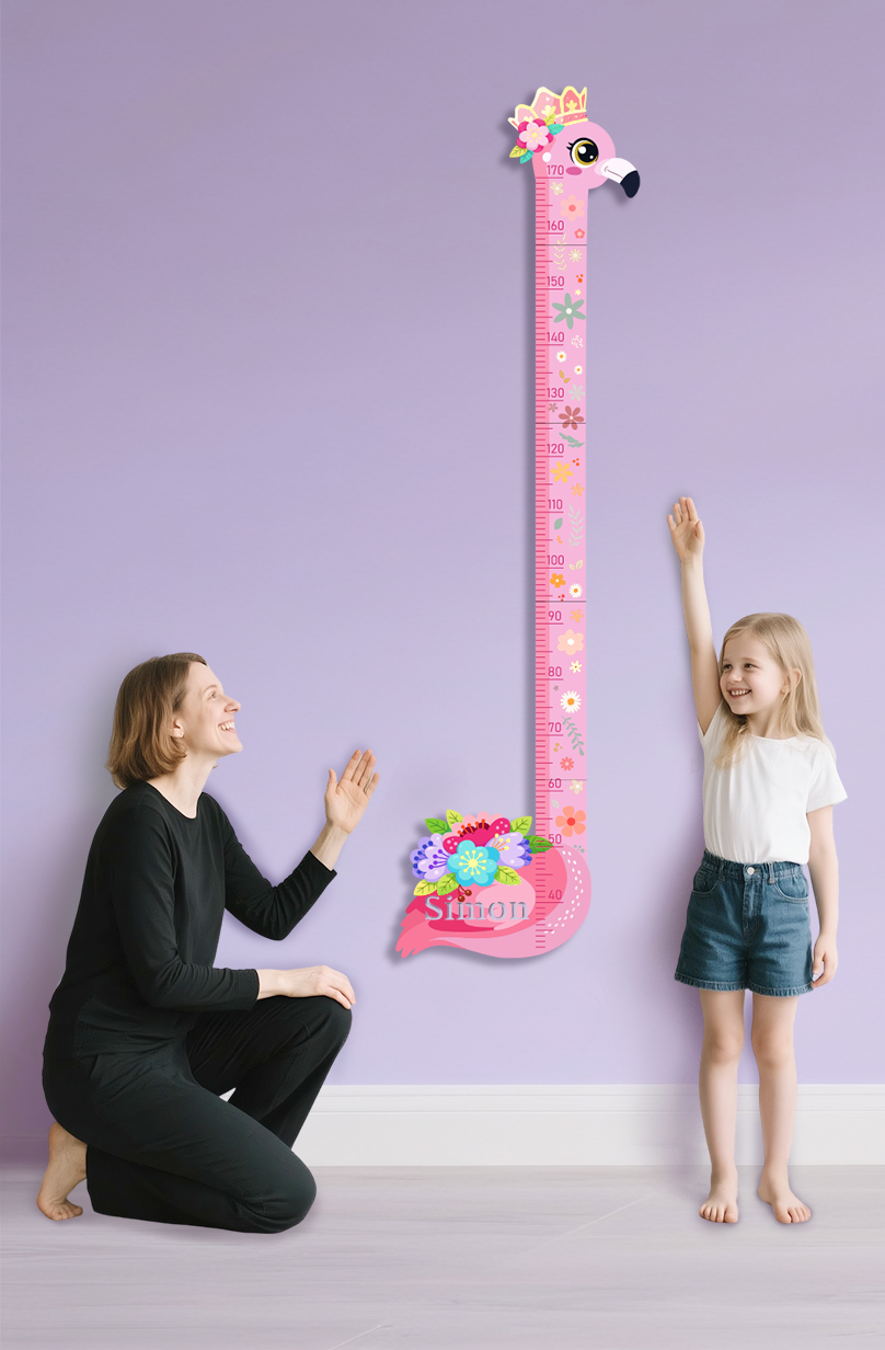 Personalized Pink Flower Flamingo Wooden Growth Chart for Kids