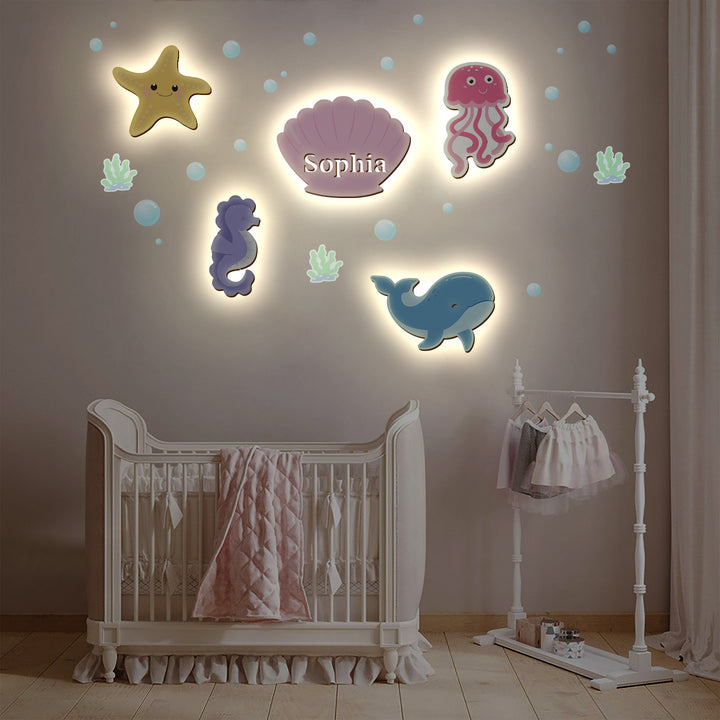 Juego de luces de pared de madera personalizadas para habitación de bebé, tema marino
