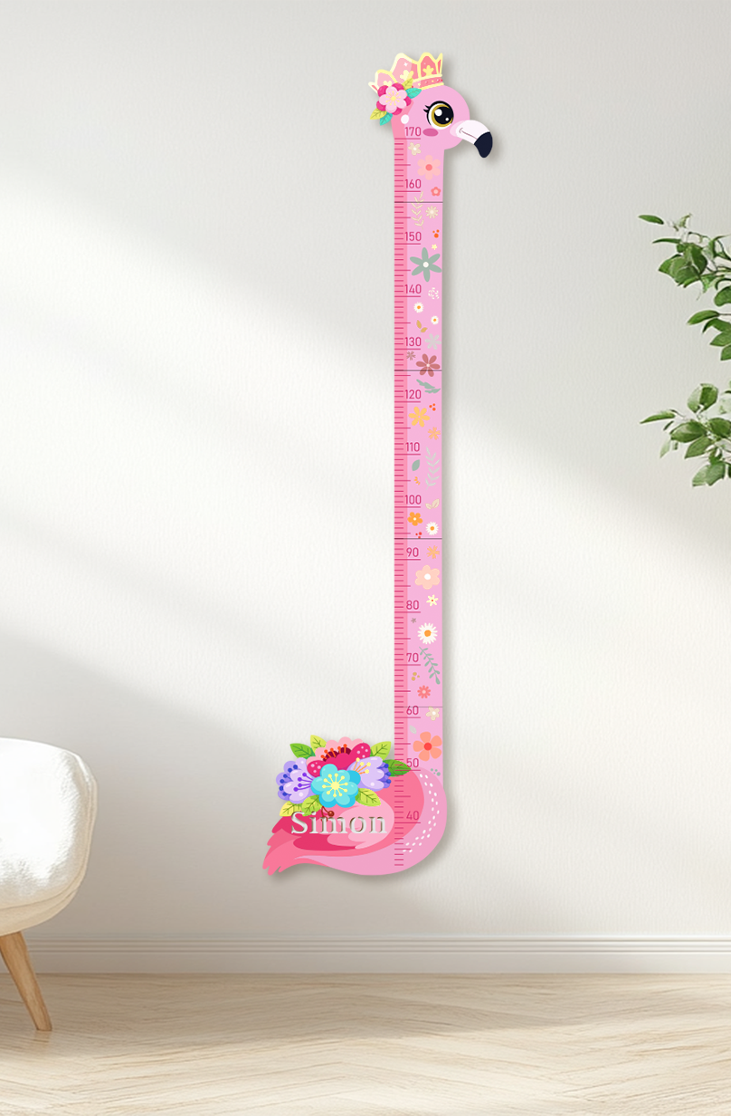 Personalized Pink Flower Flamingo Wooden Growth Chart for Kids