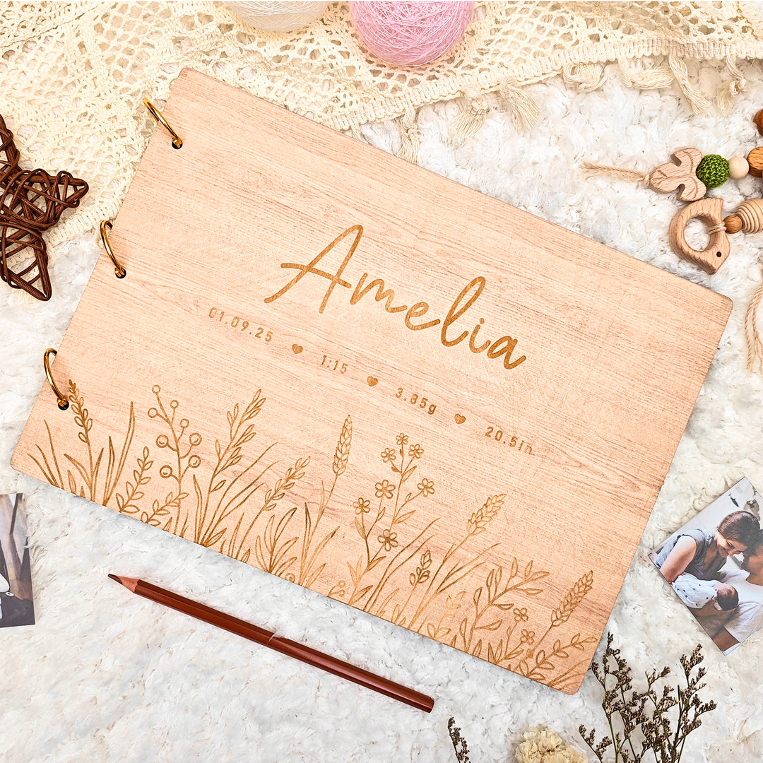 Personalized Wooden Baby Photo Album – Baby’s Name & Birth Information Engraved