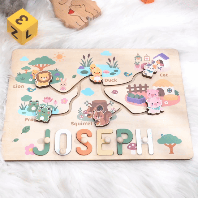 Personalized Montessori Animal Sliding Name Puzzle Woodemon