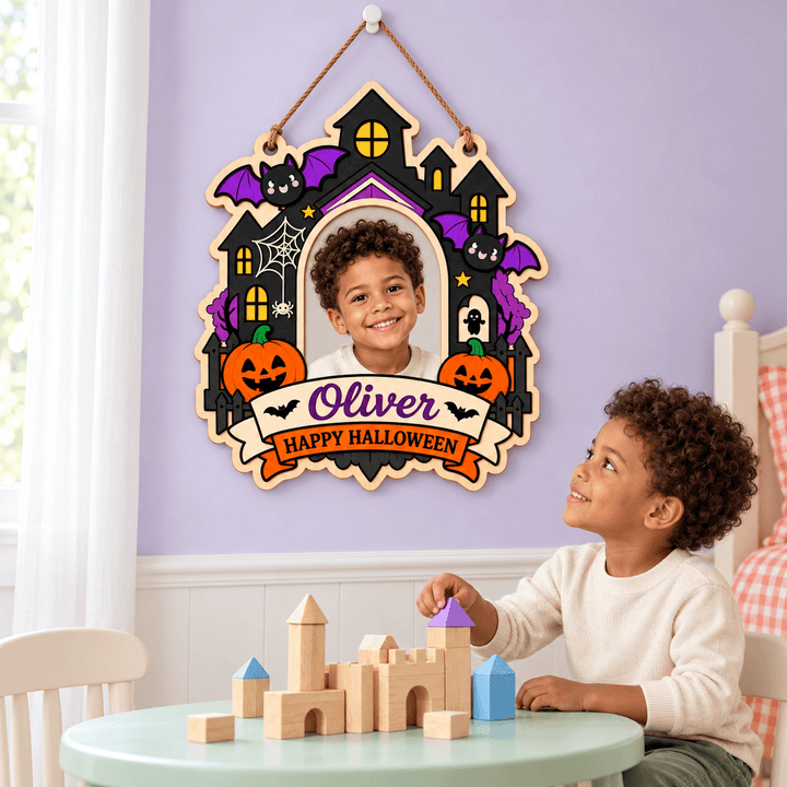 Personalized Kids Halloween Name & Photo Sign for Door & Wall Woodemon