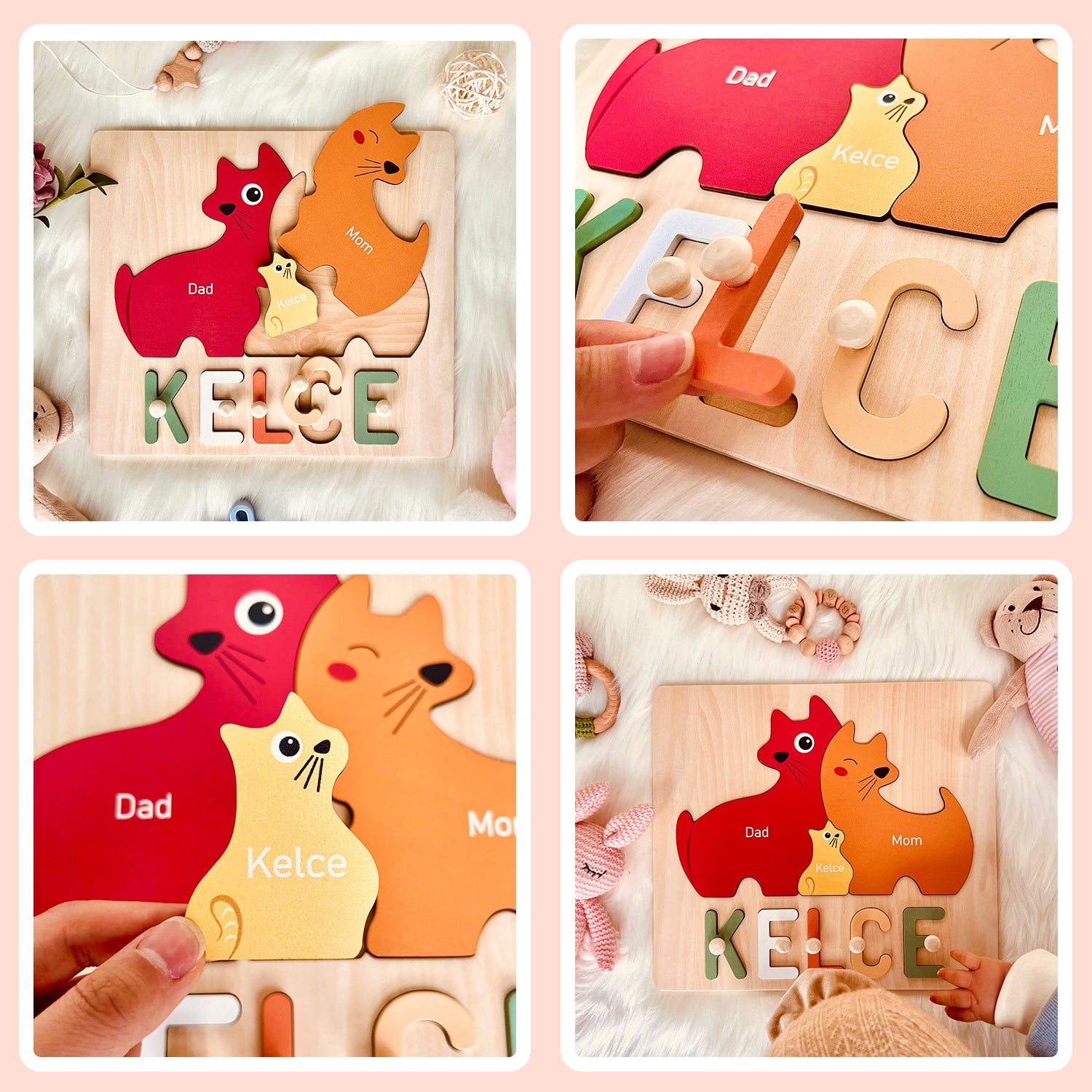 Personalized Wooden Baby Name Puzzle - Family Cat