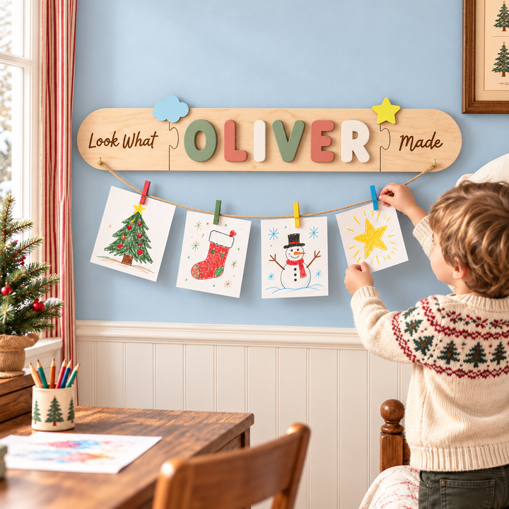 Personalized Kids Artwork Display Board with Wooden Name -Custom Kids Room Wall Decor Woodemon