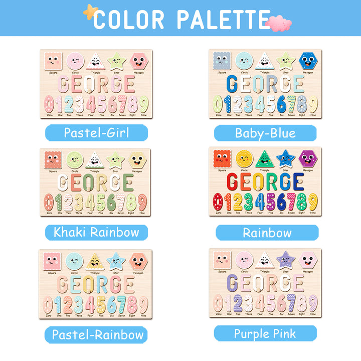 Personalized Wooden Name Puzzle with Numbers & Shapes woodemon
