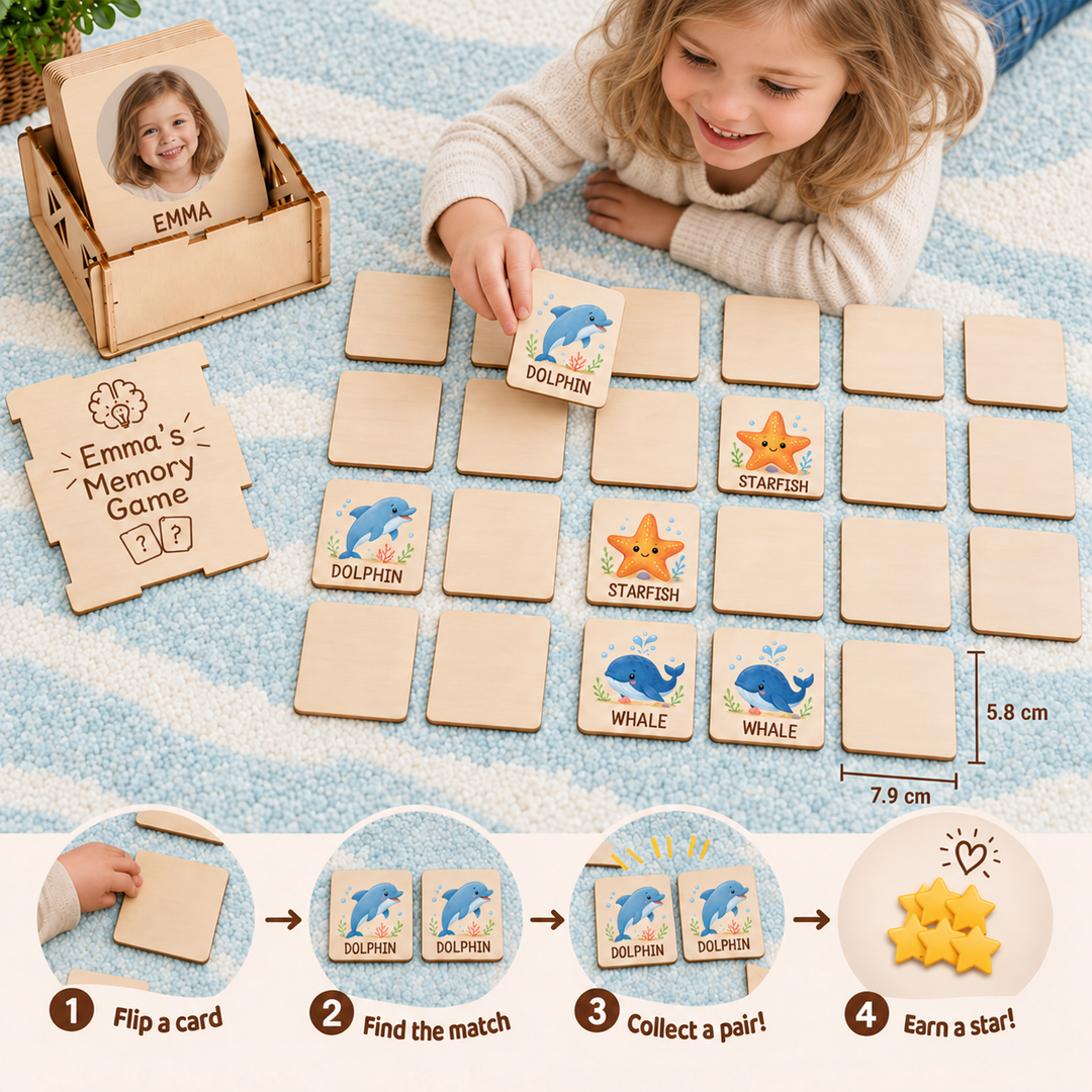 Personalized Wooden Ocean Animal Memory Matching Game for Kids Woodemon