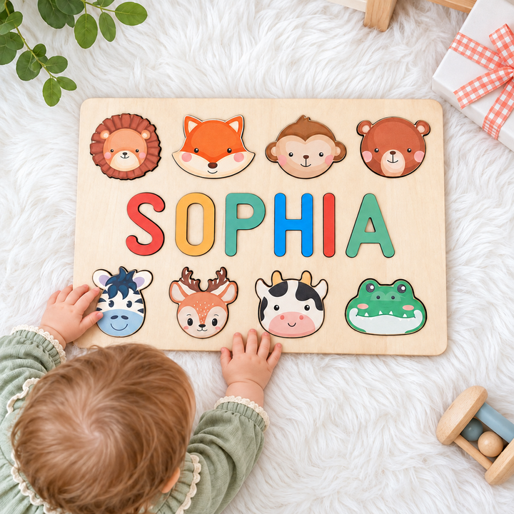 Personalized Wooden Baby Name Puzzle with Animals woodemon
