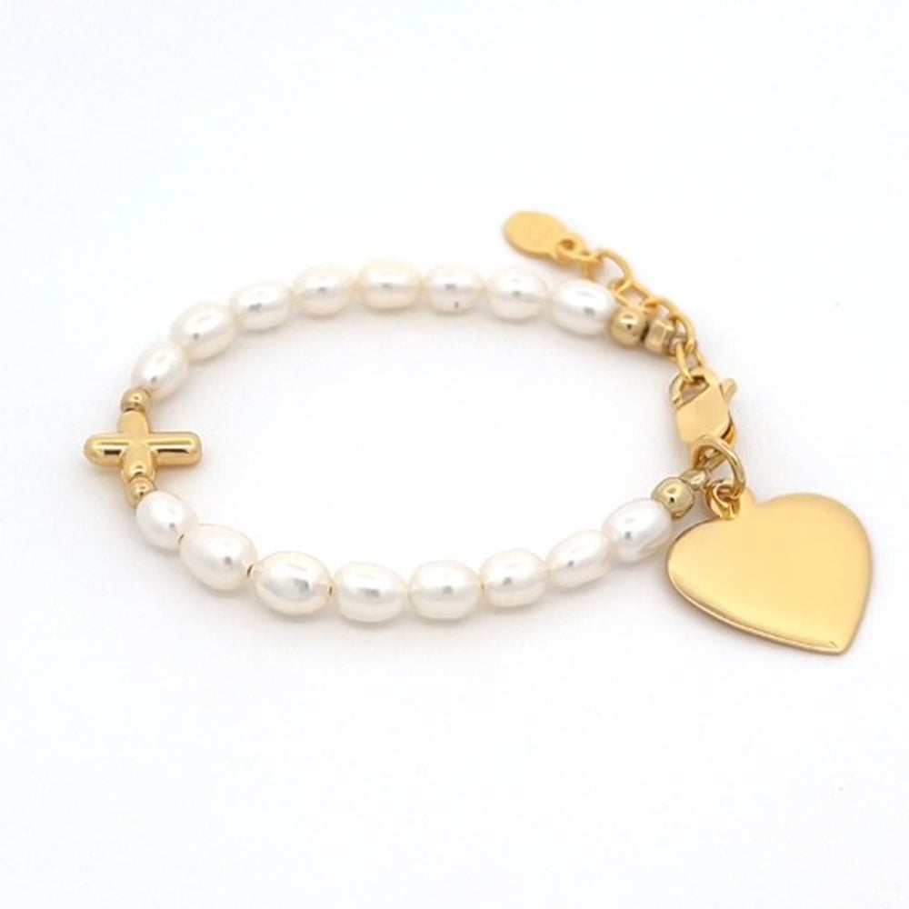 Baby Name Pearl Cross Bracelet with Heart Charm