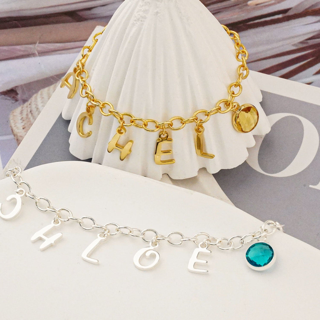 Gold and Silver Personalized Kids Letters and Birthstone Charm Bracelet