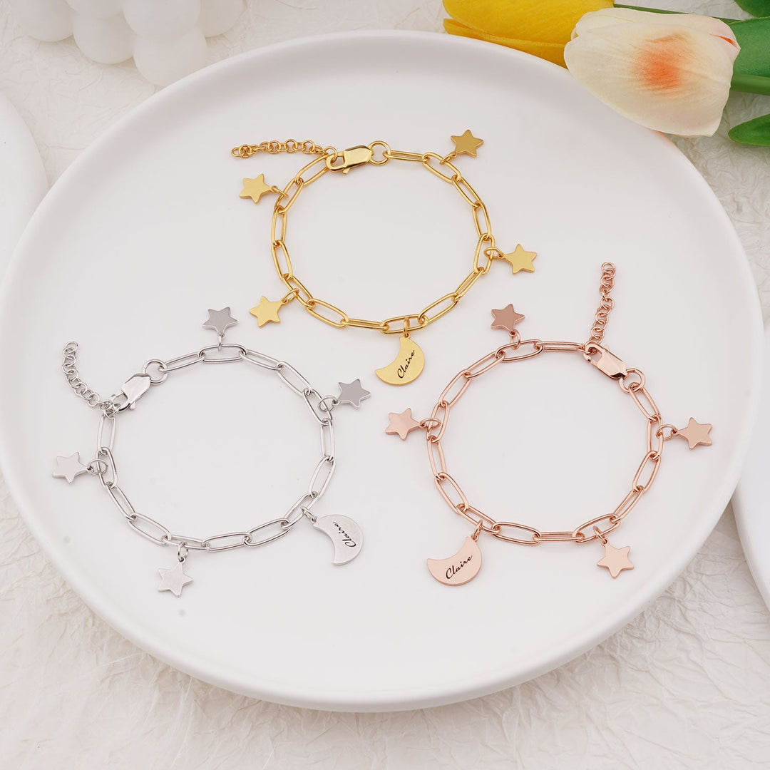 Star Moon Charm Engravable Name Children's Bracelet, Gold, Silver, Rose Gold 3 Colors Available