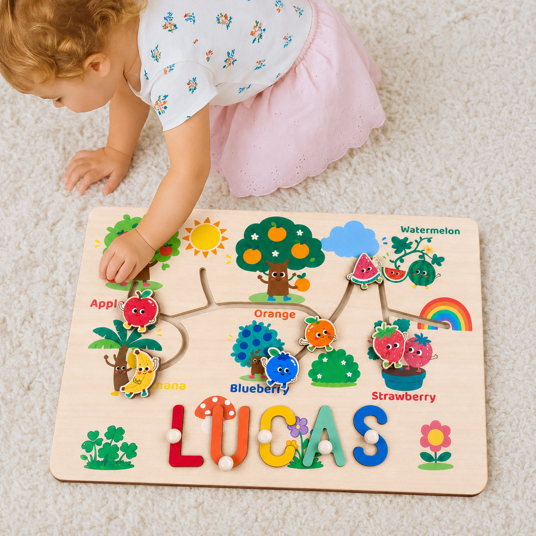 Personalized Montessori Fruit Sliding Name Puzzle Woodemon