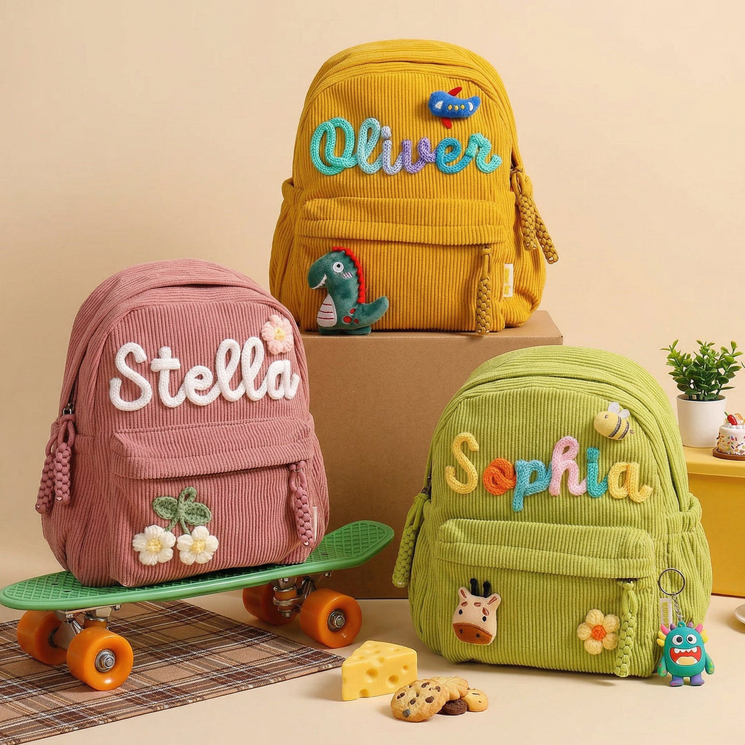 Personalized Kids Corduroy Backpack With Crochet Patches sokidsun