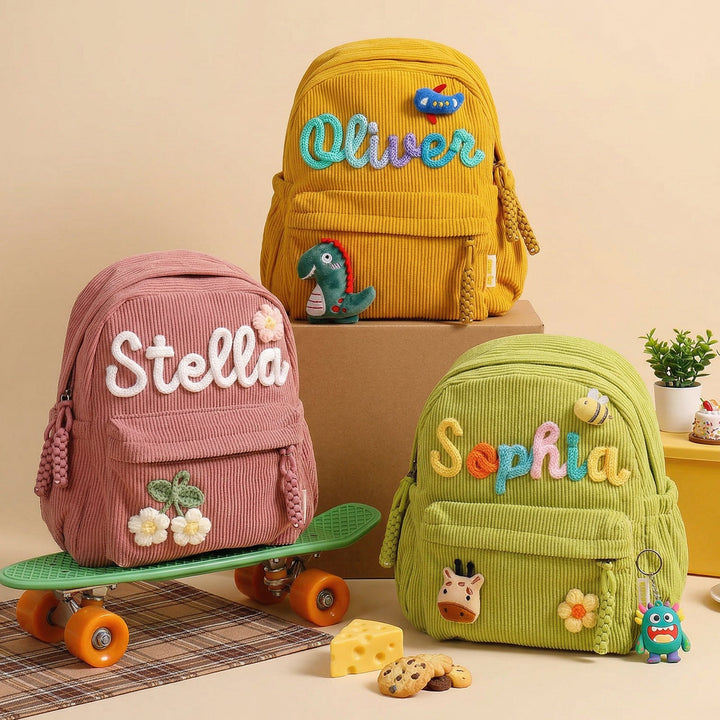 Personalized Kids Corduroy Backpack With Crochet Patches sokidsun