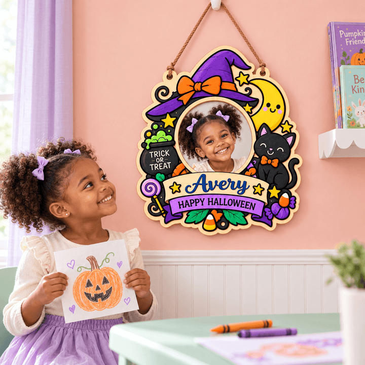 Personalized Kids Halloween Name & Photo Sign for Door & Wall Woodemon