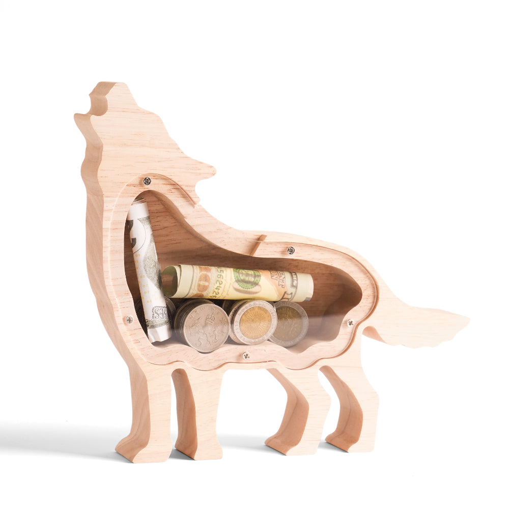 Personalized Wooden Wolf Piggy Bank for Kids