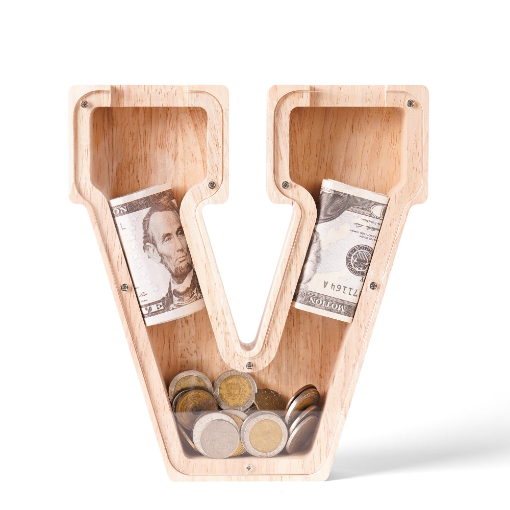 Personalized Wooden Letter V Piggy Bank