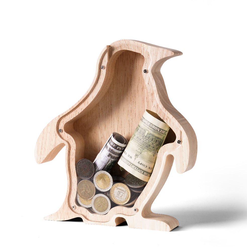 Personalized Wooden Penguin Piggy Bank for Kids