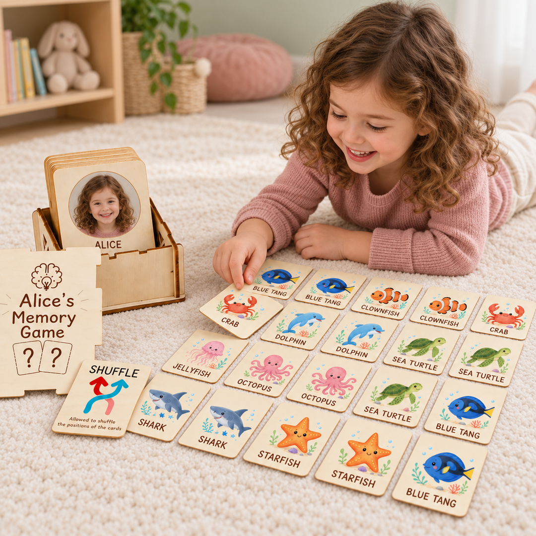 Personalized Wooden Ocean Animal Memory Matching Game for Kids Woodemon