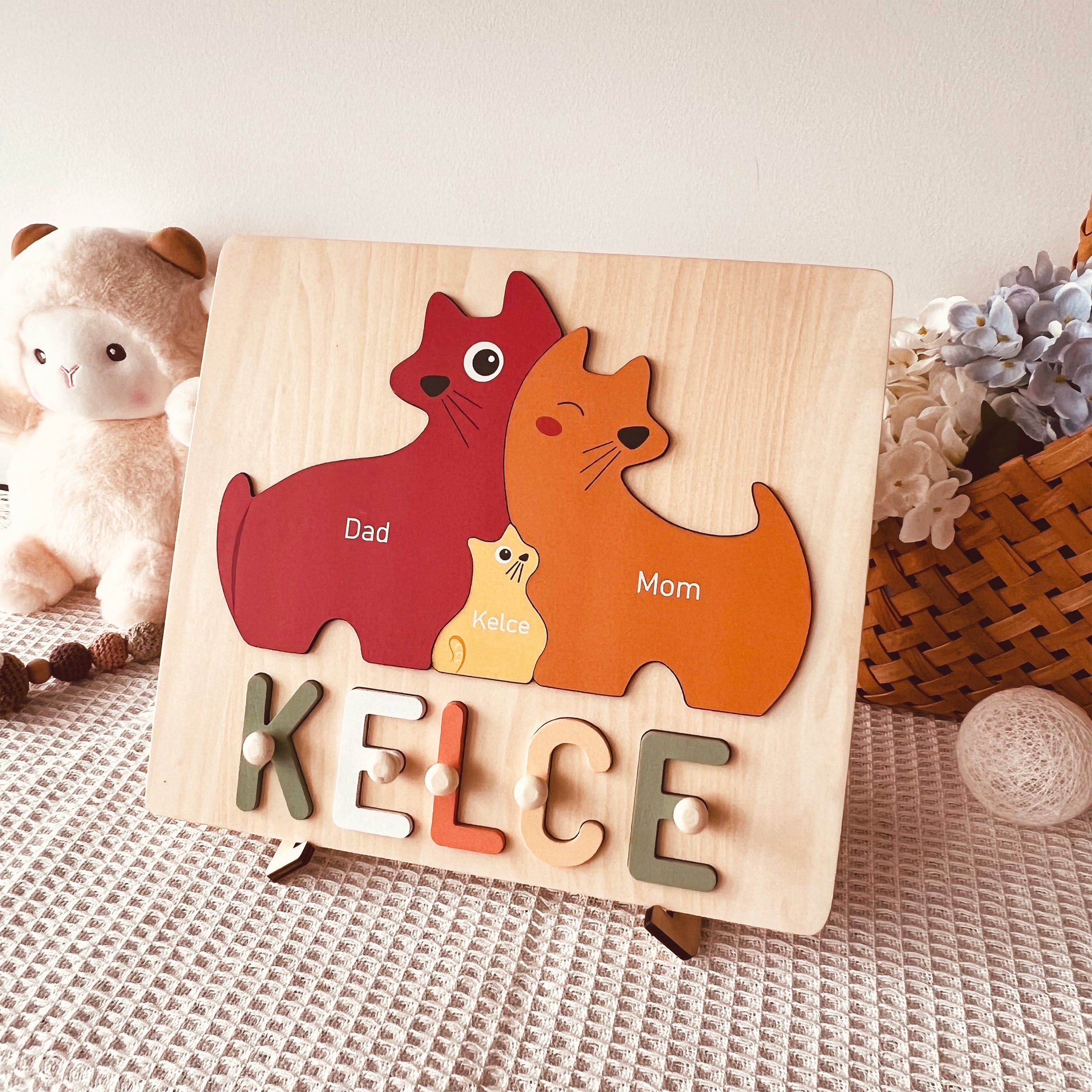 Personalized Wooden Baby Name Puzzle - Family Cat
