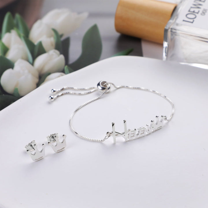 Sterling Silver Crown Style Personalized Baby Name Bracelet and Earrings