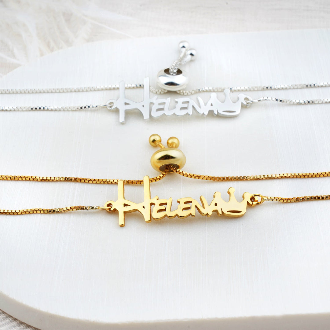 Gold and Silver Crown Style Personalized Baby Name Bracelet