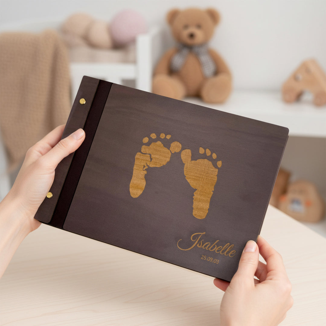 Personalized Baby Photo Album with Name & Birth Date – Wooden Footprint Design