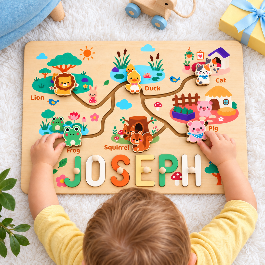 Personalized Montessori Animal Sliding Name Puzzle Woodemon