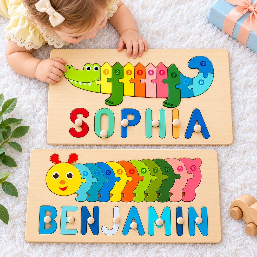 Personalized Wooden Animals Name Puzzle Stacking Puzzle Woodemon